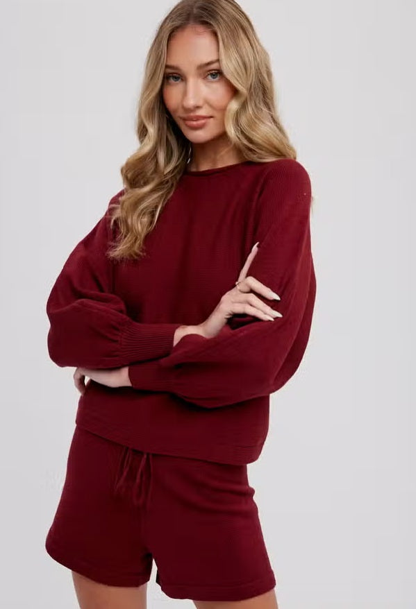 Women's balloon sleeve sweater short set, wine red, front view