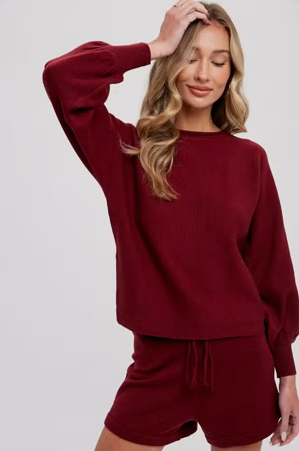 Women's balloon sleeve sweater short set, wine red, front view