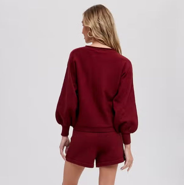 Women's balloon sleeve sweater short set, wine red, side view