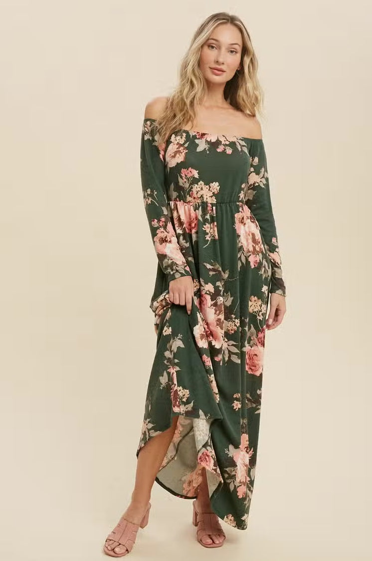 Women's off shoulder maxi dress, hunter floral, front view