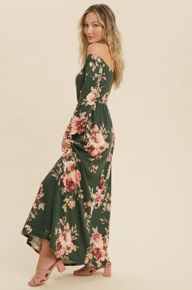 Women's off shoulder maxi dress, hunter floral, side view