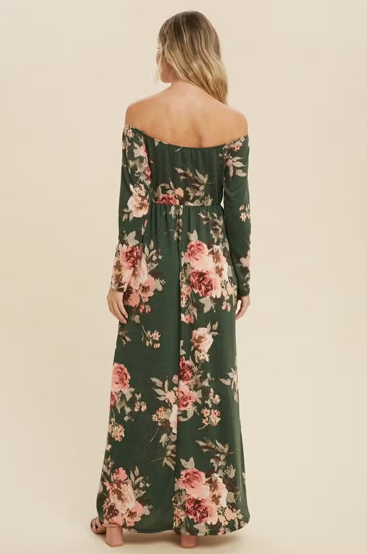 Women's off shoulder maxi dress, hunter floral, back view