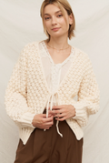 Women's chunky bubble knit front tie cardigan, ivory, front view