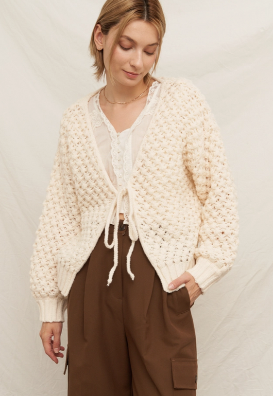Women's chunky bubble knit front tie cardigan, ivory, front tied
