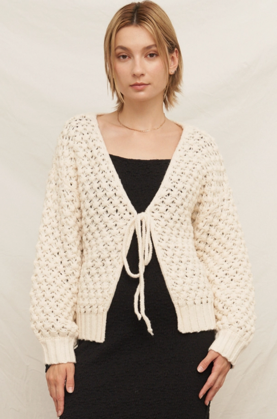 Women's chunky bubble knit front tie cardigan, ivory, over black top