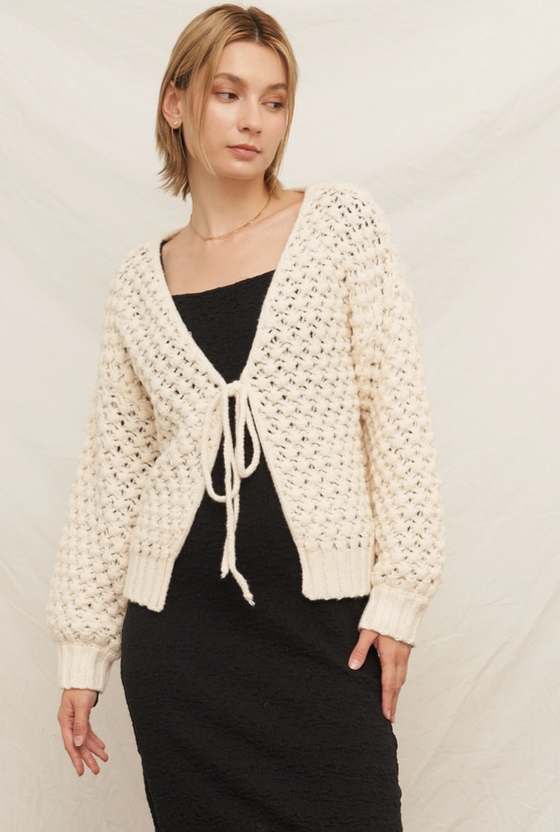 Women's chunky bubble knit front tie cardigan, ivory, side view