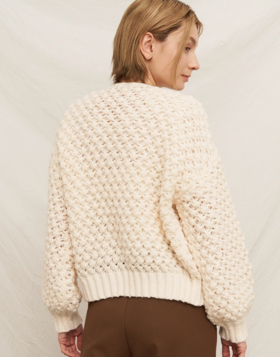Women's chunky bubble knit front tie cardigan, ivory, back view