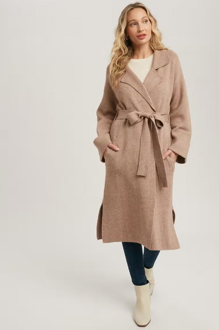 Women's classic knit trench coat, latte, front view