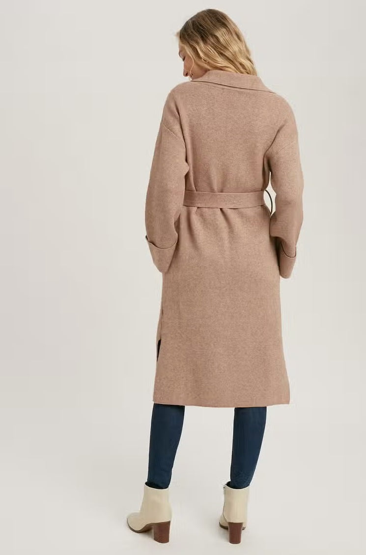 Women's classic knit trench coat, latte, back view