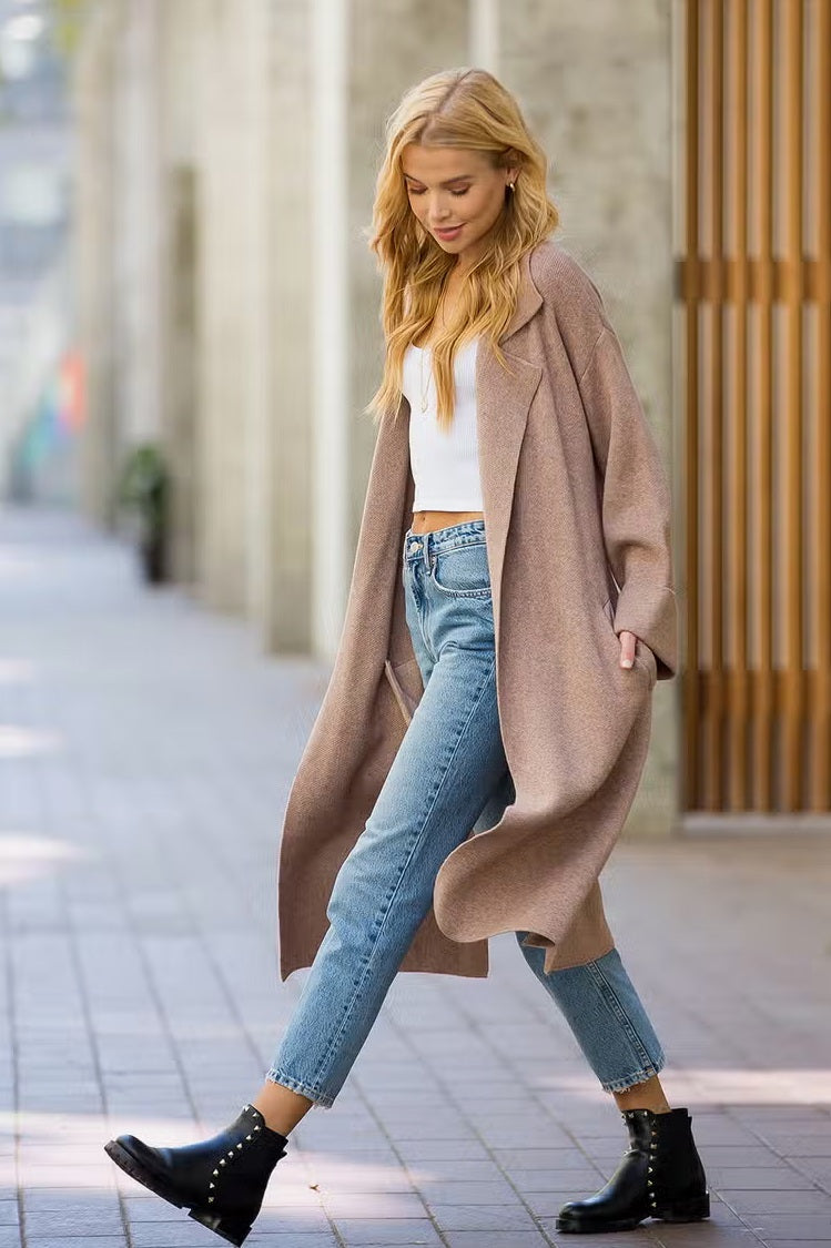 Women's classic knit trench coat, latte, street style