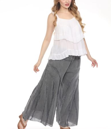 Women's cotton boho wide leg pant, charcoal grey, worn with white top