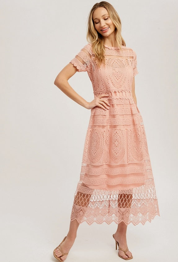 Women's crochet lace midi dress, peach, side view