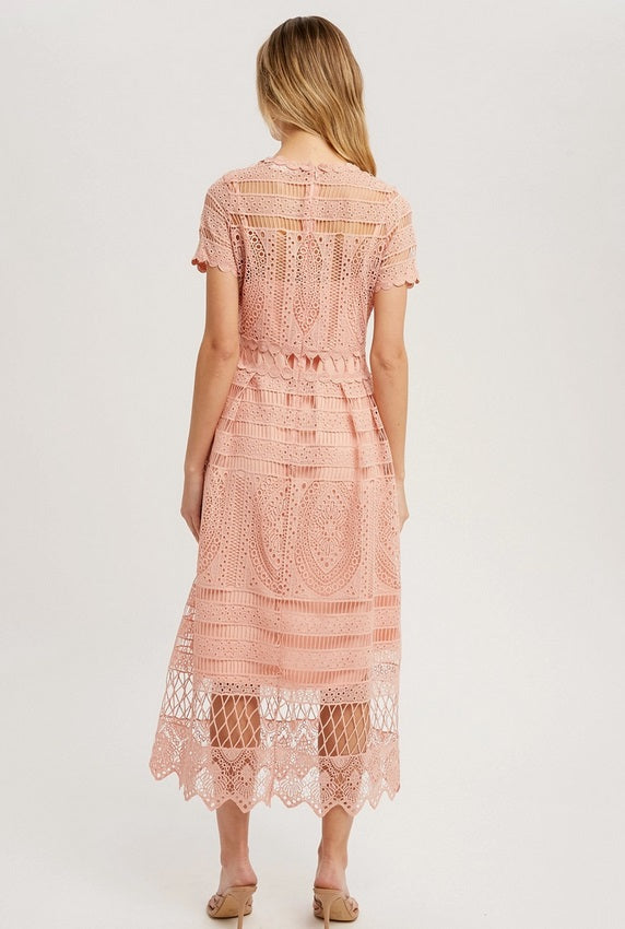Women's crochet lace midi dress, peach, back view