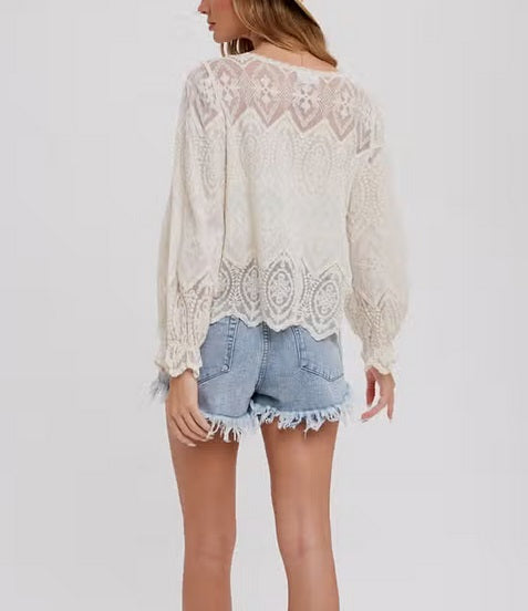 Women's embroidered scalloped hem lace blouse, natural, back view
