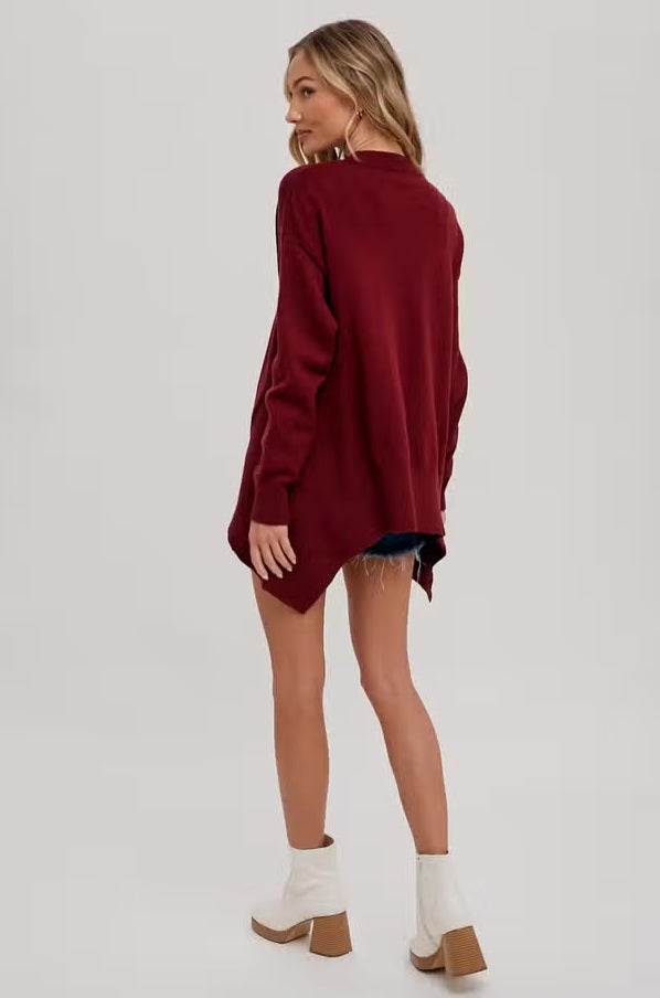 Women's knit trapeze pullover sweater, maroon red, side view