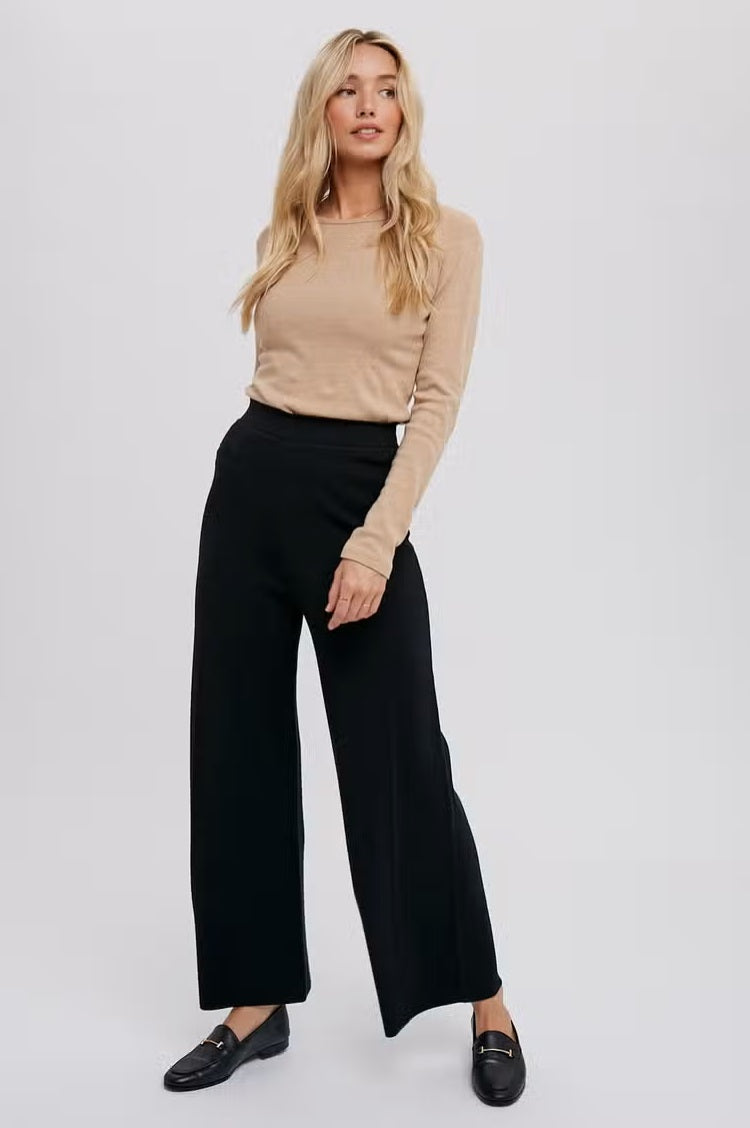 Women's knit wide leg pants, black, front view