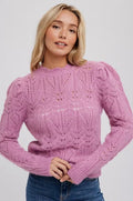 Women's pointelle scalloped neck sweater, orchid pink, front view
