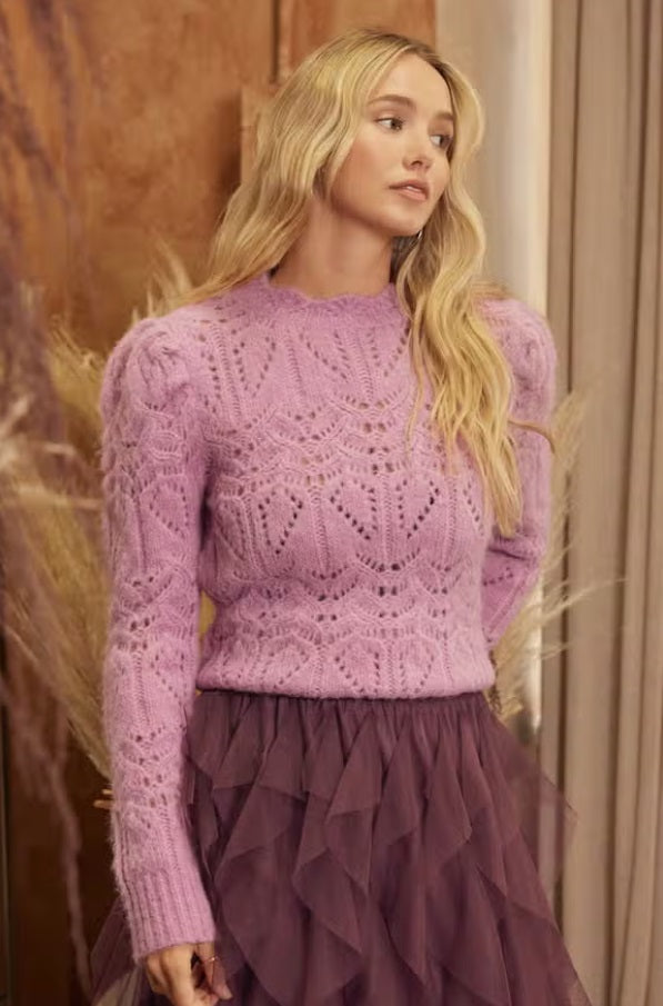 Women's pointelle scalloped neck sweater, orchid pink, with tulle skirt