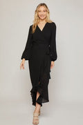 Women's ruffled hem wrap maxi dress, black, front view