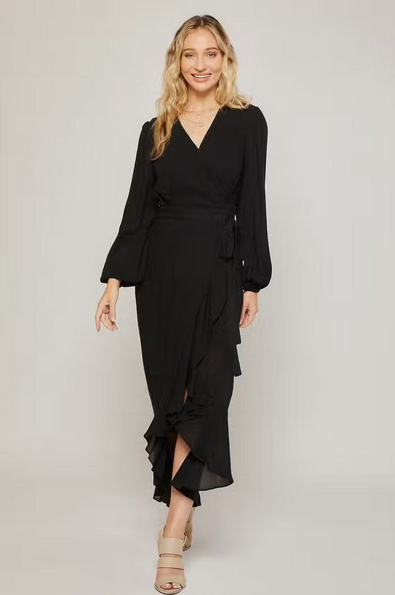 Women's ruffled hem wrap maxi dress, black, front view