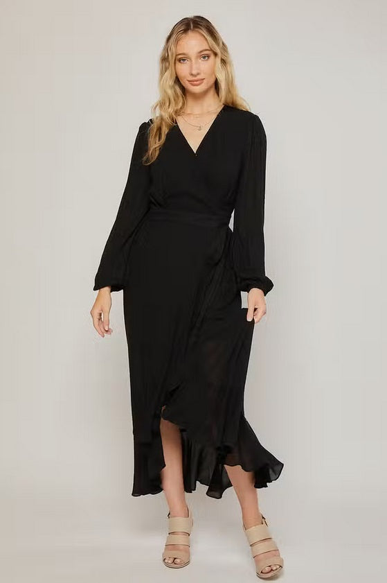 Women's ruffled hem wrap maxi dress, black, front view