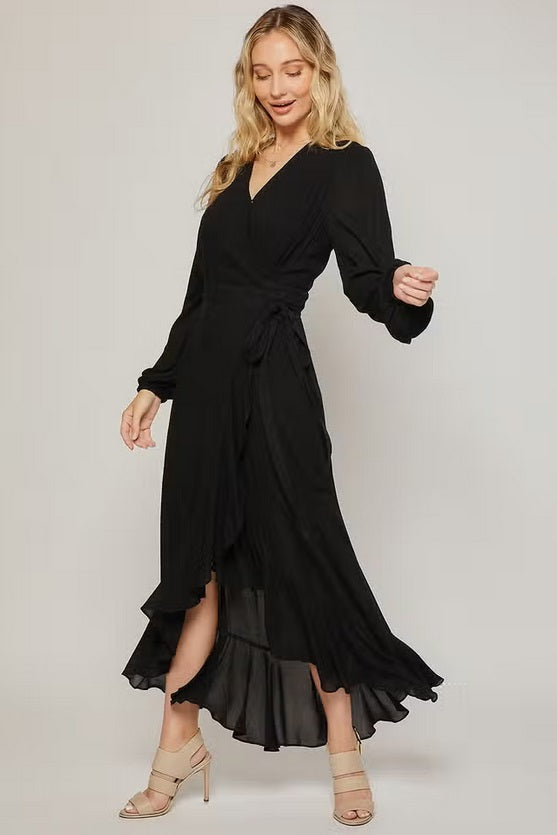 Women's ruffled hem wrap maxi dress, black, side view