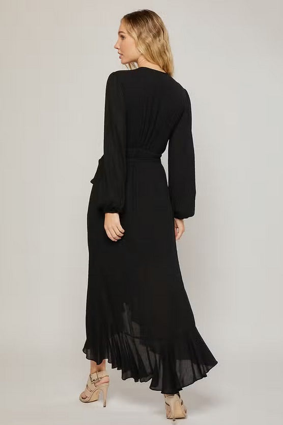 Women's ruffled hem wrap maxi dress, black, back view