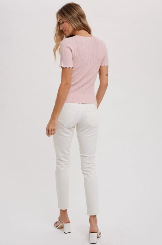 Women's scalloped hem knit top, dusty pink, full length