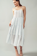 Women's spaghetti strap tiered midi sun dress, blue and white stripe, front view