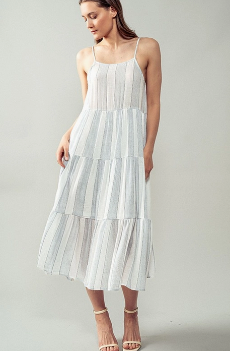 Women's spaghetti strap tiered midi sun dress, blue and white stripe, front view