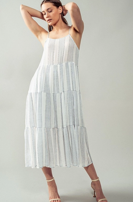 Women's spaghetti strap tiered midi sun dress, blue and white stripe, front angle