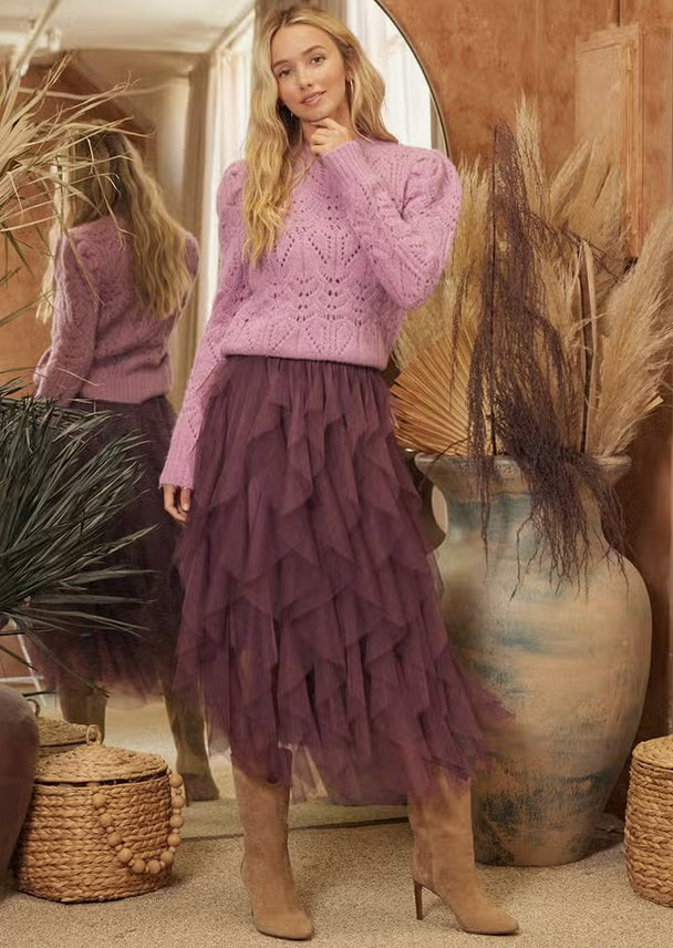 Women's spiral tiered tulle skirt, plum, with pink sweater