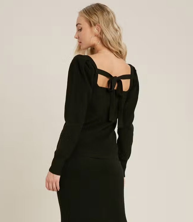 Women's square neck bow back knit top, black, bow back view