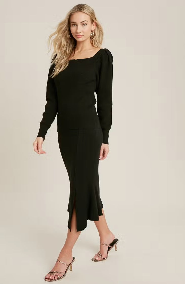 Women's square neck bow back knit top, black, full length