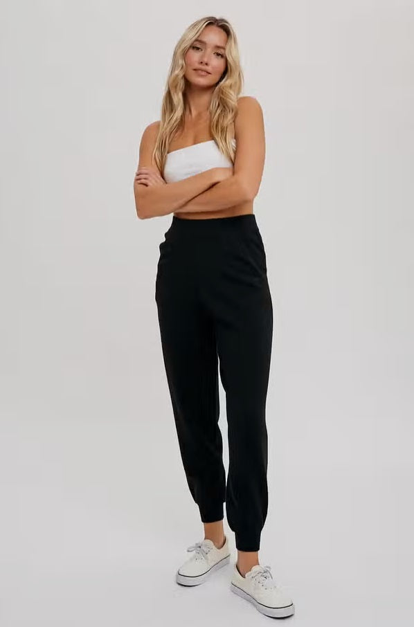 Women's sweater knit jogger pants, black, front view