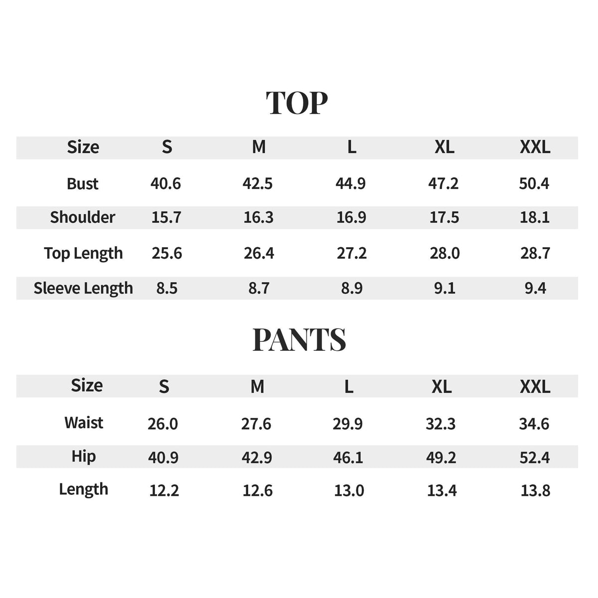 Women's pajama top and pants size chart