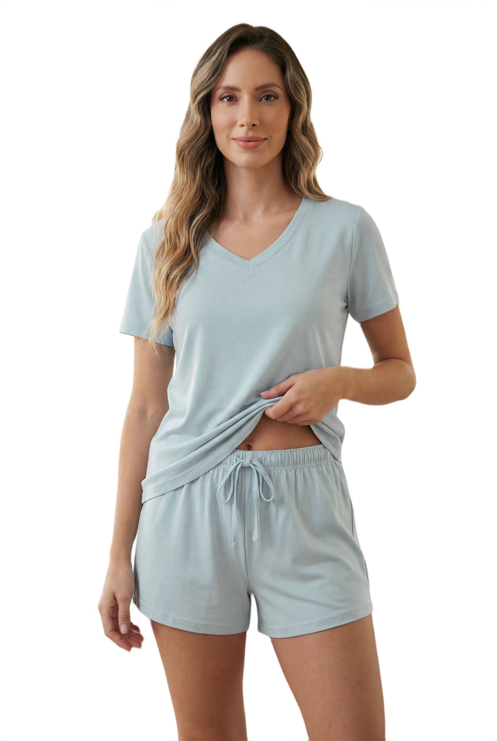 Women's celadon blue bamboo V-neck short pajama set, on a model