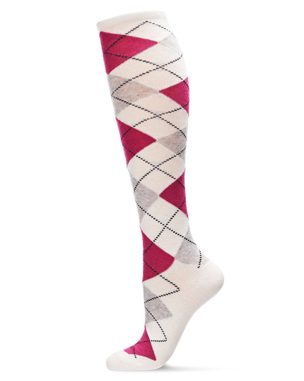 Women's cashmere blend argyle knee high socks, white and fuchsia, side view