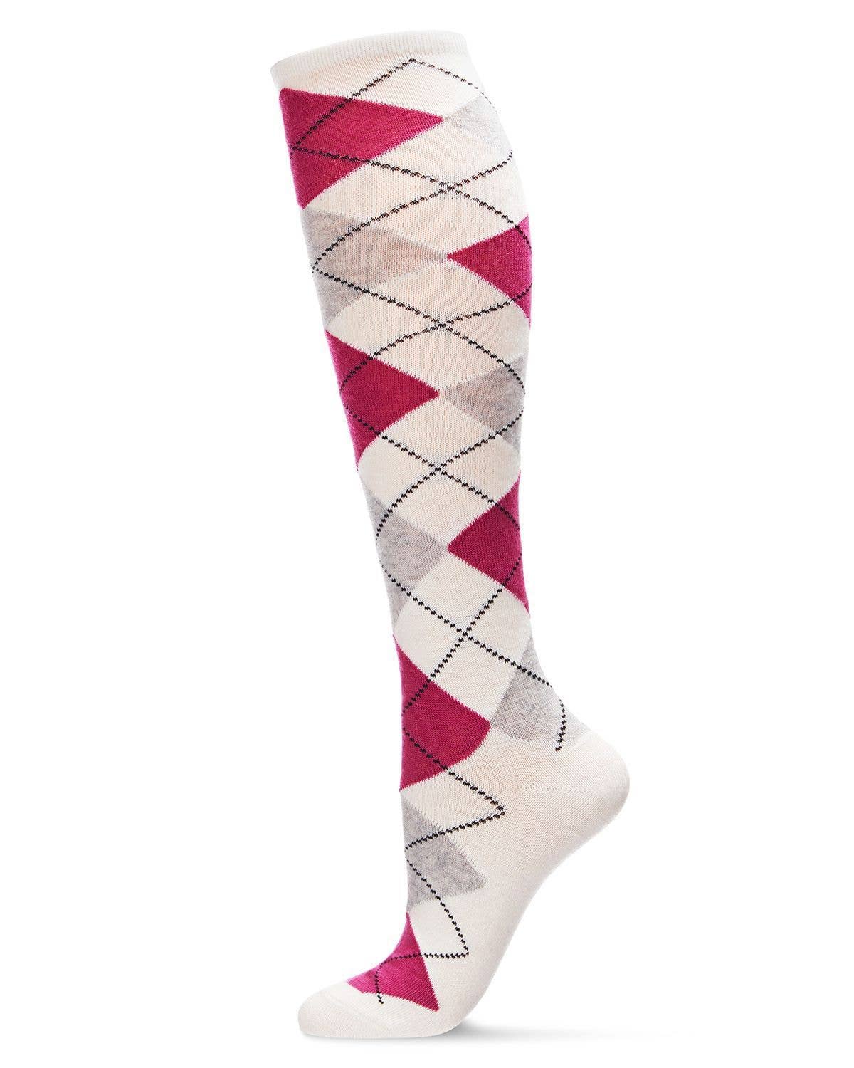 Women's cashmere blend argyle knee high socks, white and fuchsia, side view