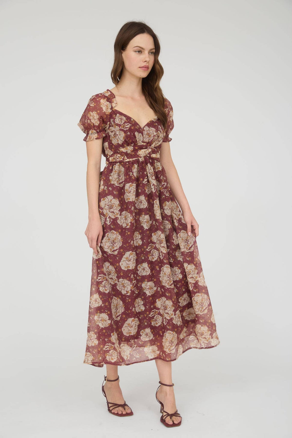 Women's floral sweetheart neckline midi dress, autumn floral, front angle