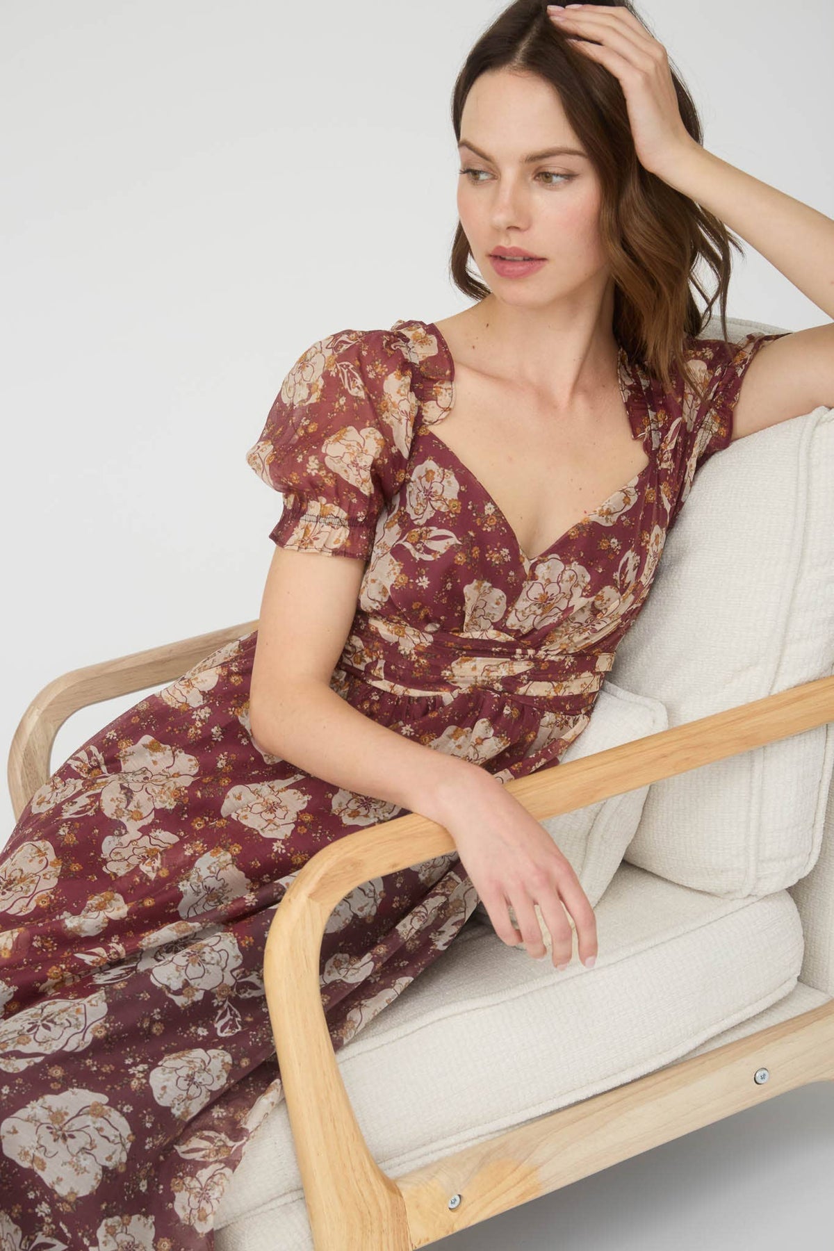 Women's floral sweetheart neckline midi dress, autumn floral, seated