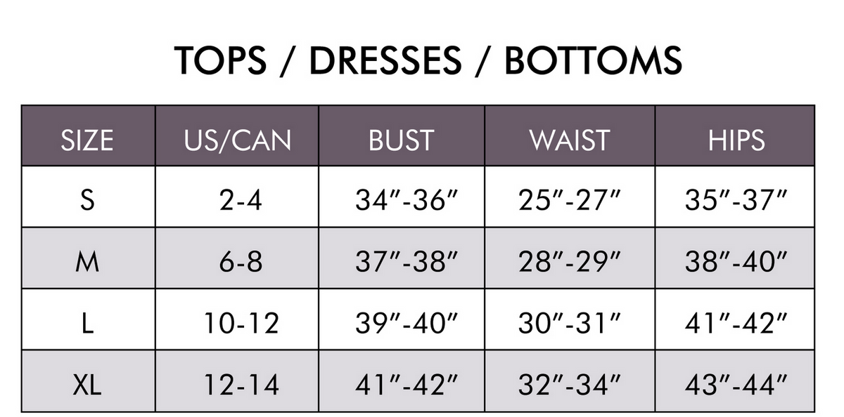 Women's tops, dresses and bottoms size chart with bust, waist and hip measurements, sizes S to XL
