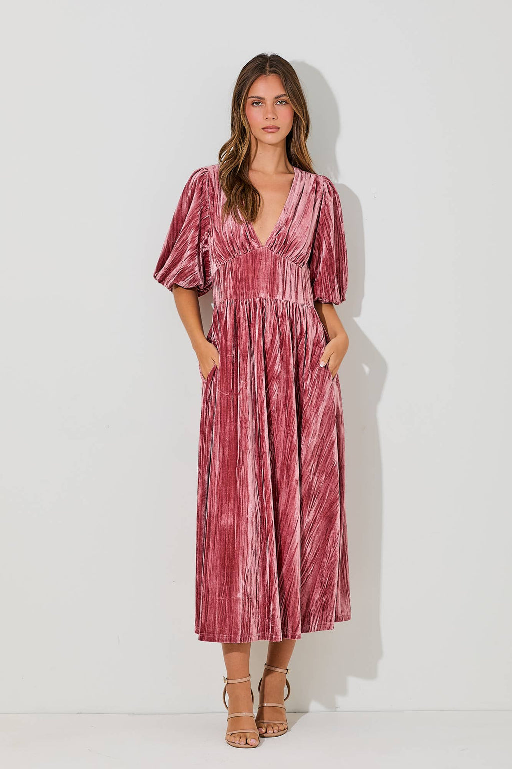 Women's velvet midi dress with pockets, deep dusty rose, front view