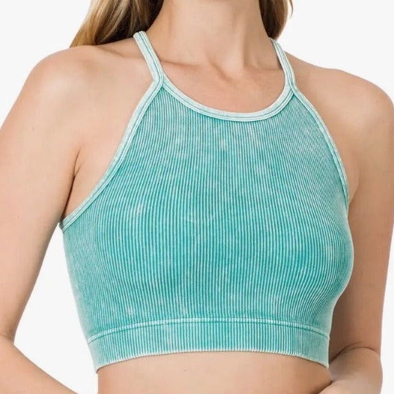 Women's washed ribbed seamless crop tank, ice blue, front view