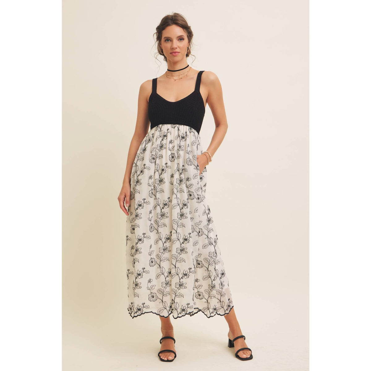 Women's black and cream embroidered two-fer midi sundress, front view