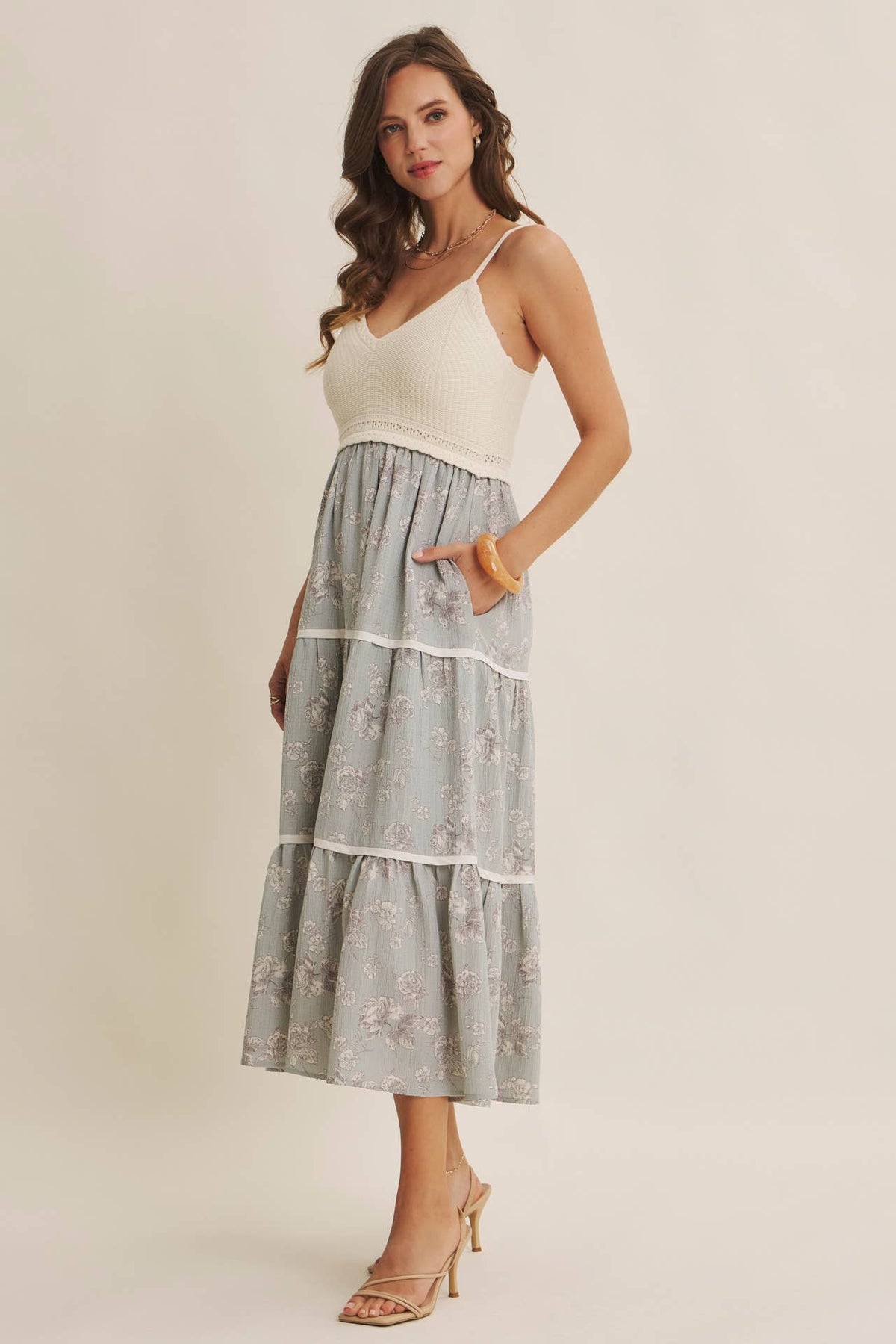 Women's ivory and dusty blue two-fer midi sundress, side view