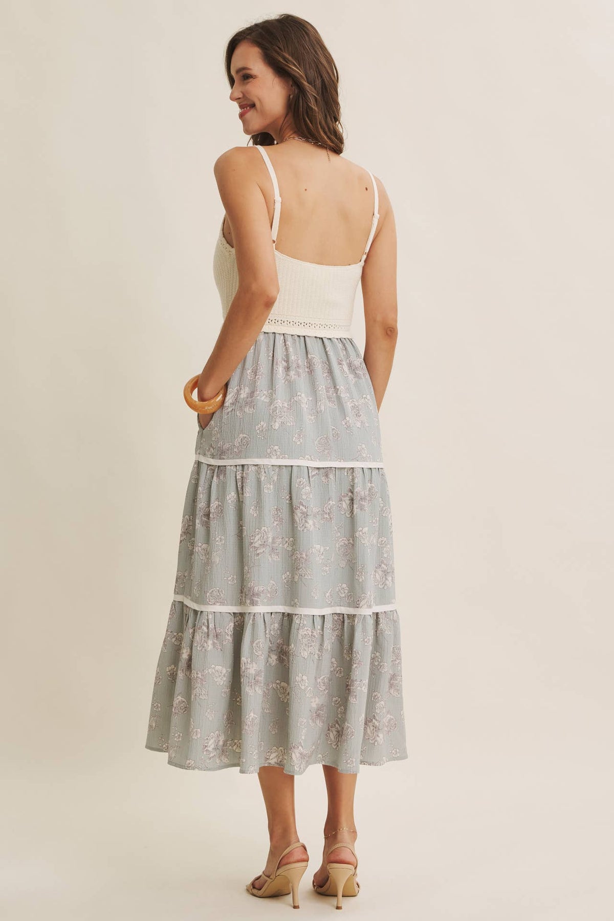 Women's ivory and dusty blue two-fer midi sundress, back view