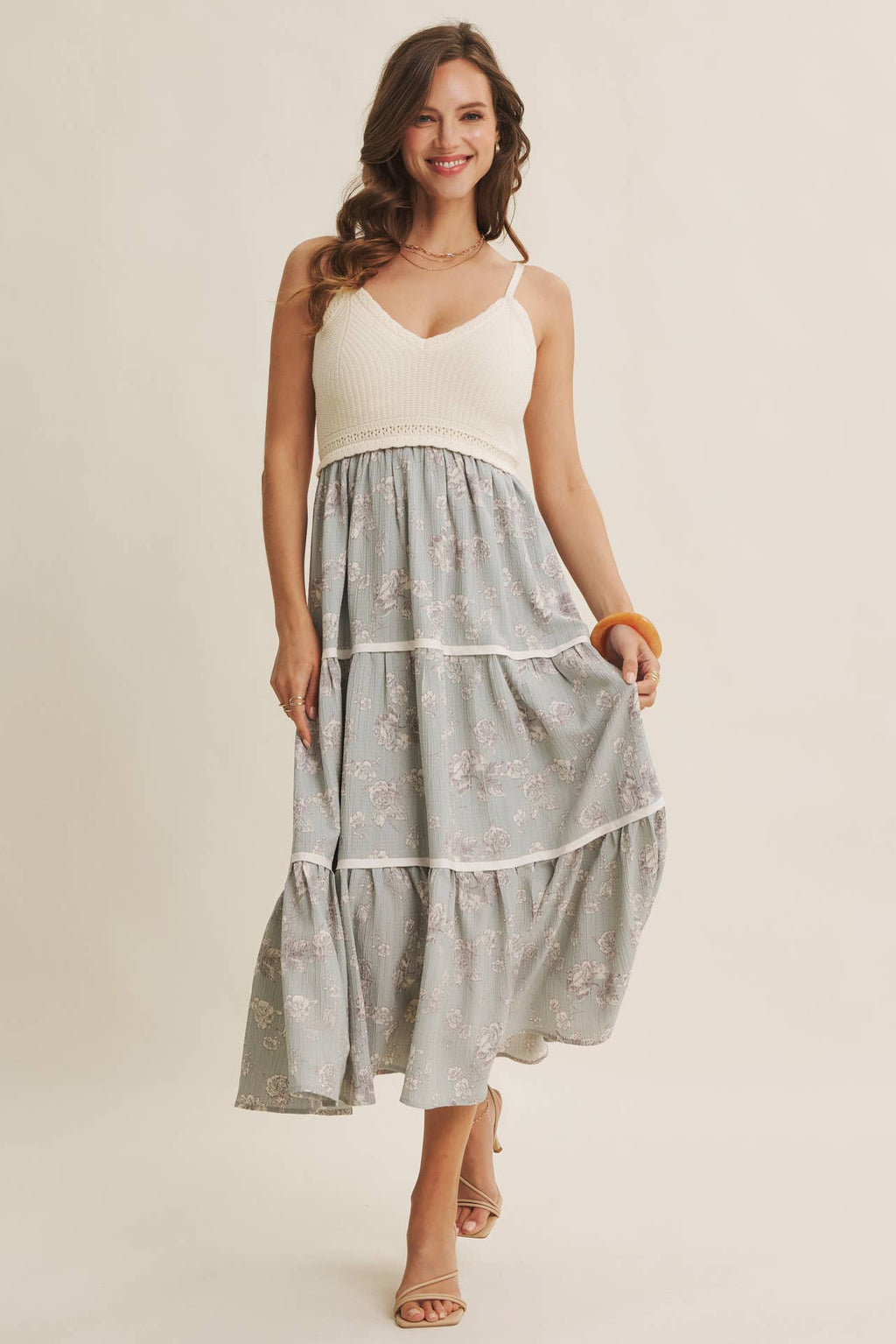 Women's ivory and dusty blue two-fer midi sundress, front view without hat