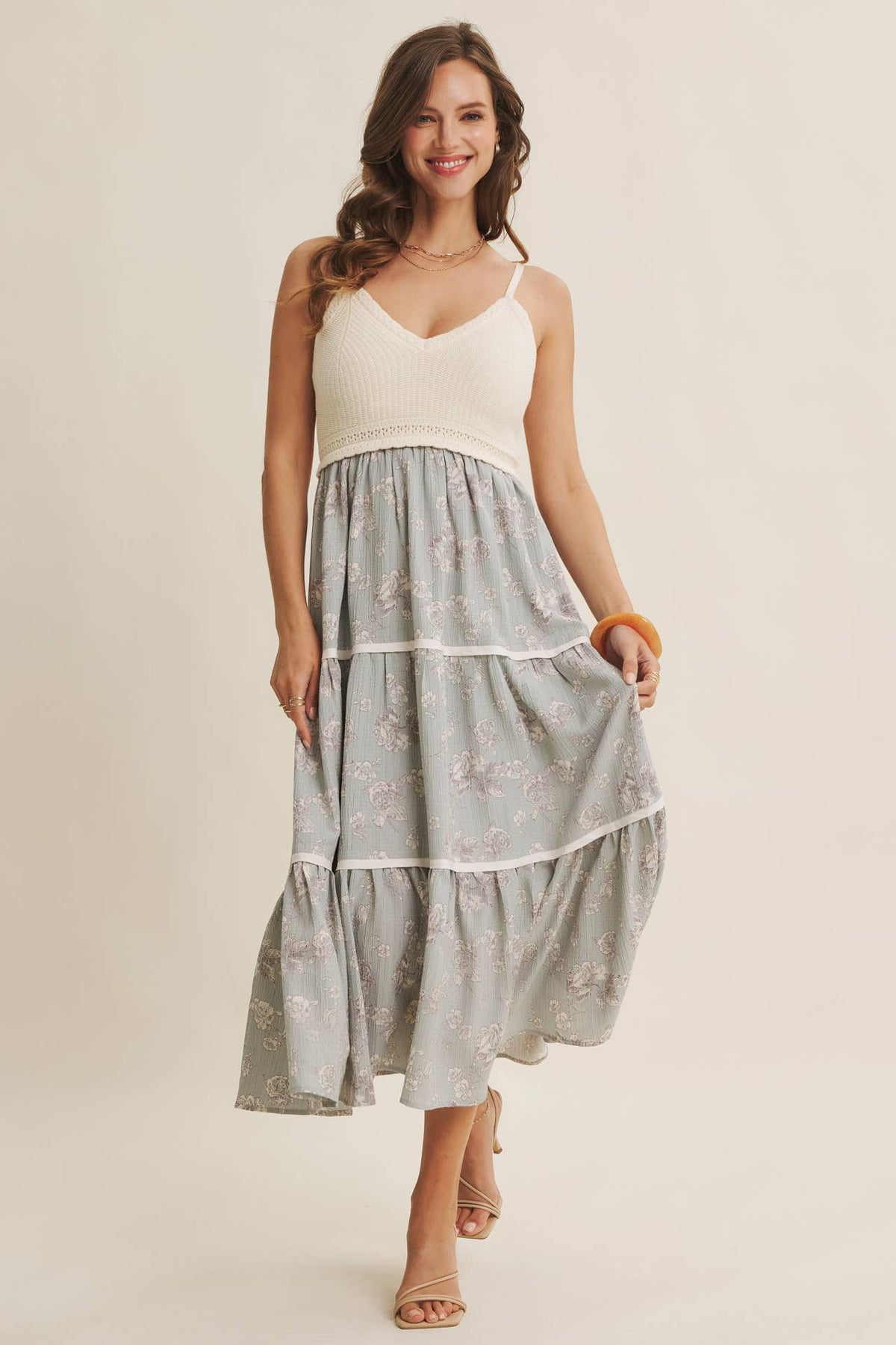 Women's ivory and dusty blue two-fer midi sundress, front view without hat