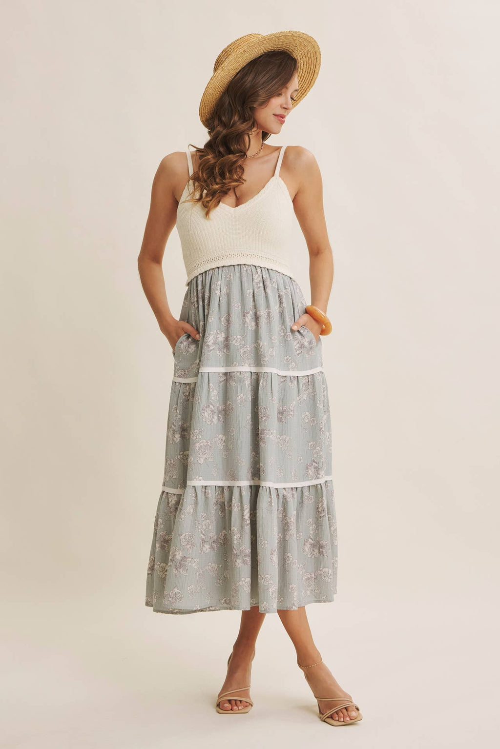 Women's ivory and dusty blue two-fer midi sundress, front view with a straw hat